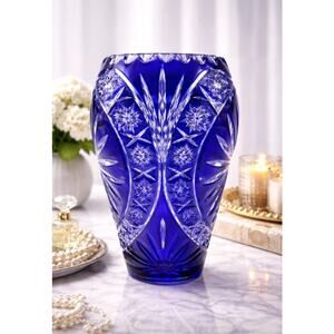 Vintage Cobalt Blue Cut Crystal Vase Starburst Pattern Approx 10”